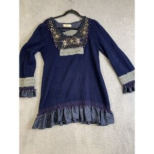 Simply Couture Sweater Womens Large Blue Embroidered Boho Pullover Shabby Chic